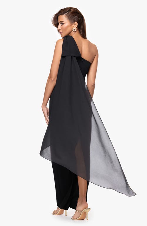 Xscape Evenings Scarf Detail One-shoulder Scuba Crepe Sheath Gown In Black