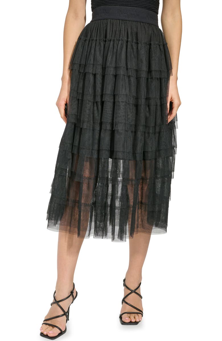 DKNY Tiered Ruffle Tulle Midi Skirt, Main, color,
