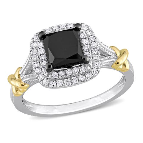Black & White Diamond Princess Halo Ring 14k