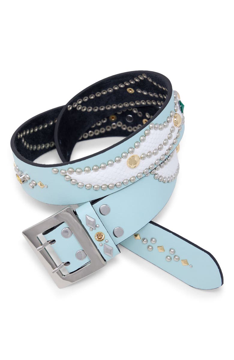 mnml Stud Leather Belt, Main, color, Aqua/ White