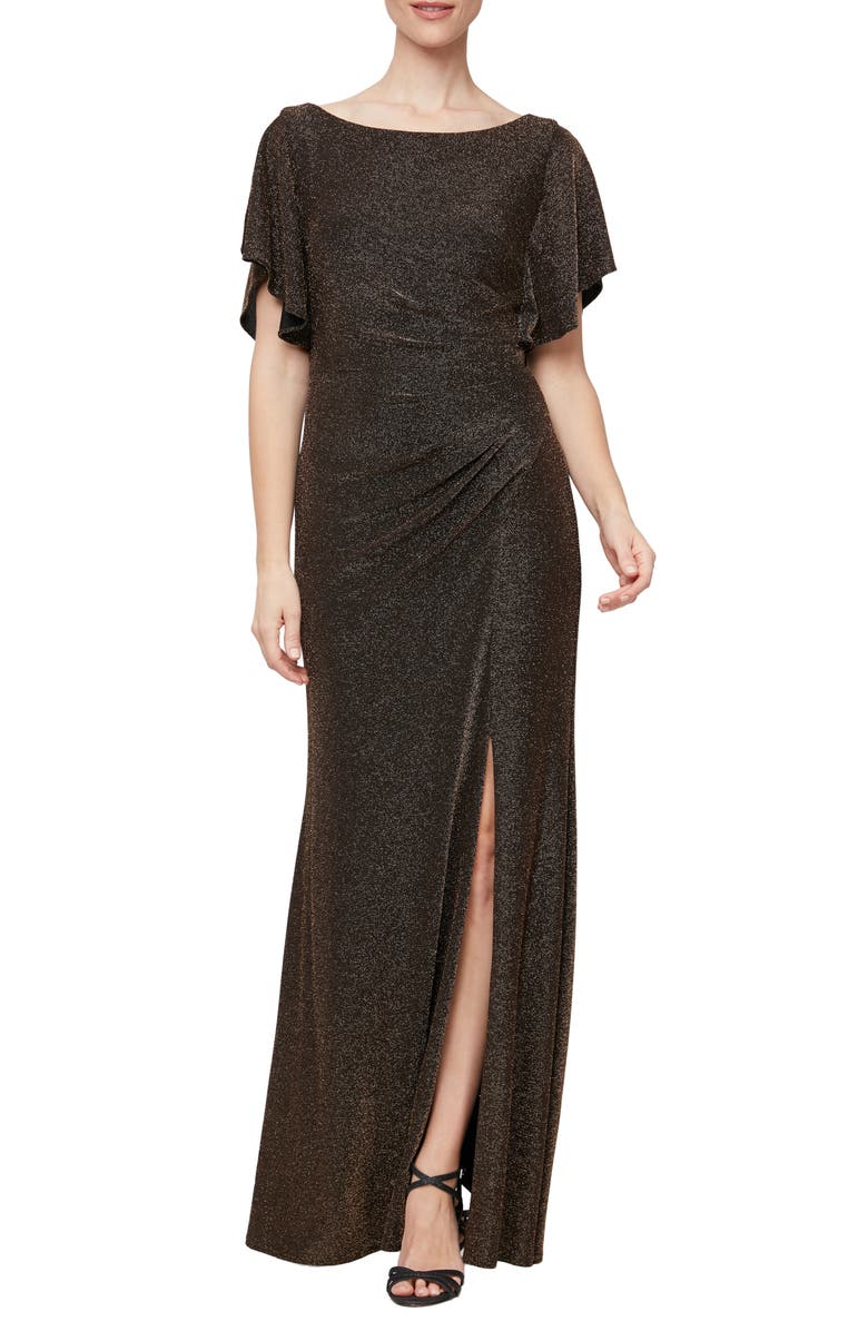 Alex Evenings Shimmer Flutter Sleeve Gown, Main, color, 