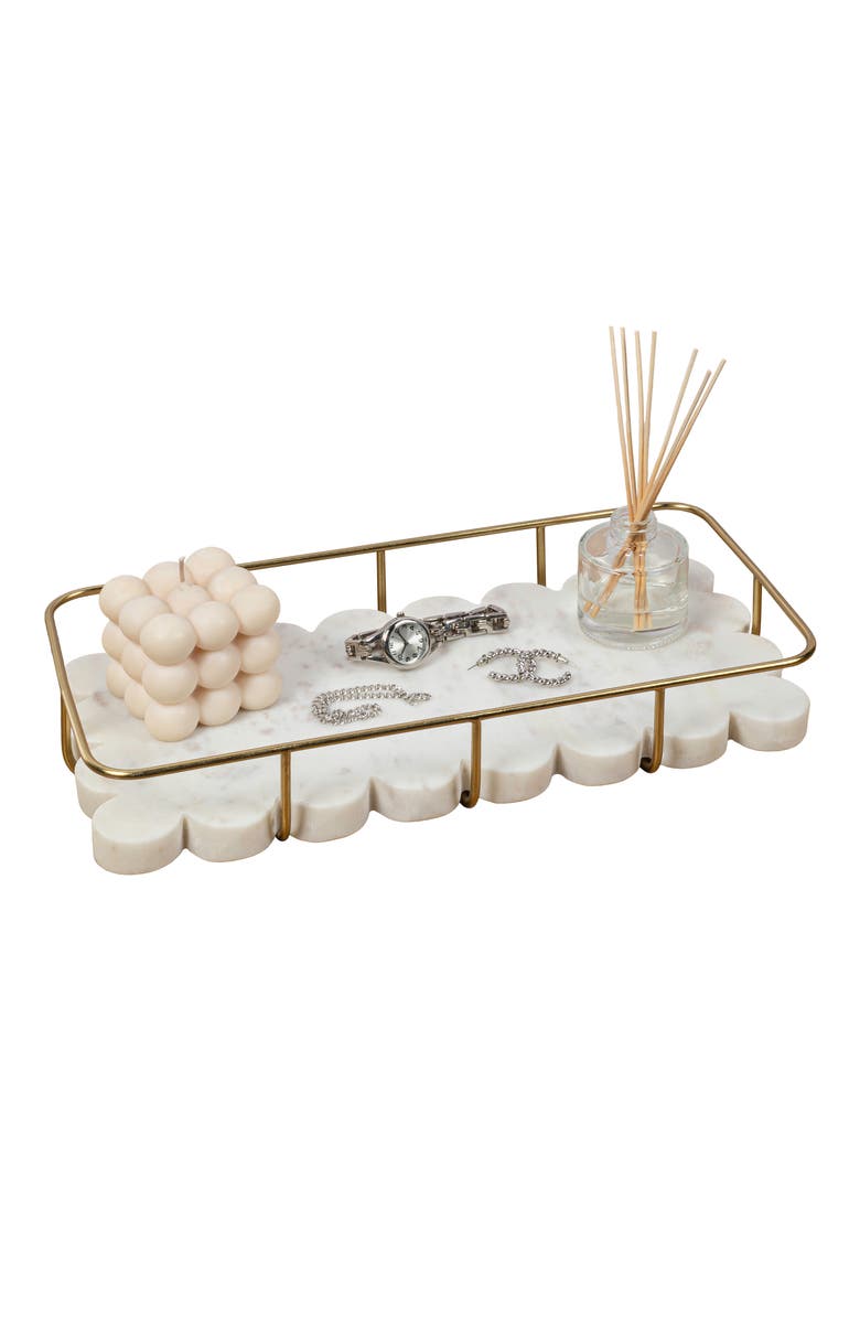 HAPPIMESS Monarch Modern Industrial Metal/Marble Scalloped Base Vanity Tray, Main, color, White Marble/Gold