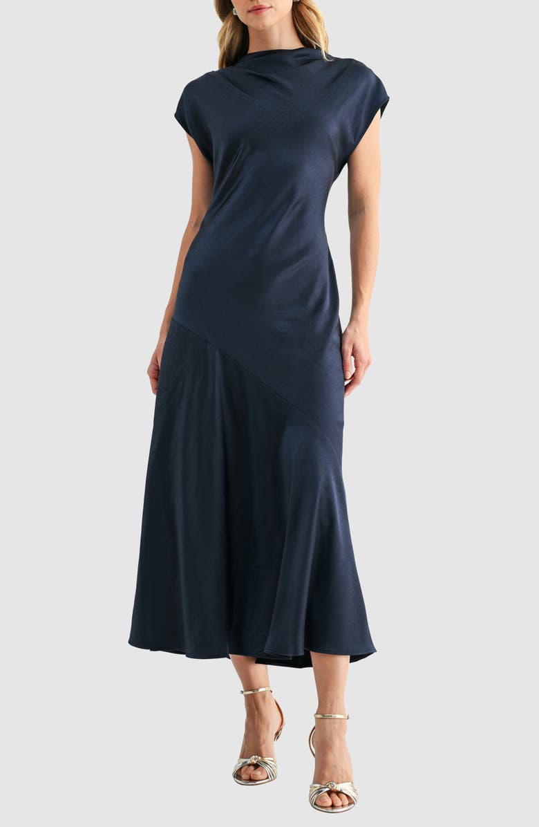 Mila Mae Short Sleeve Asymmetric Hem Satin Maxi Dress, Alternate, color, Dark Navy