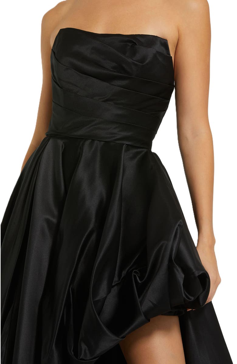Mac Duggal Asymmetrical High Low Strapless Ruched Gown, Alternate, color, Black