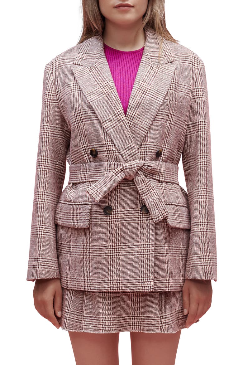 Vinone Plaid Tie Waist Blazer, Main, color, BURGUNDY