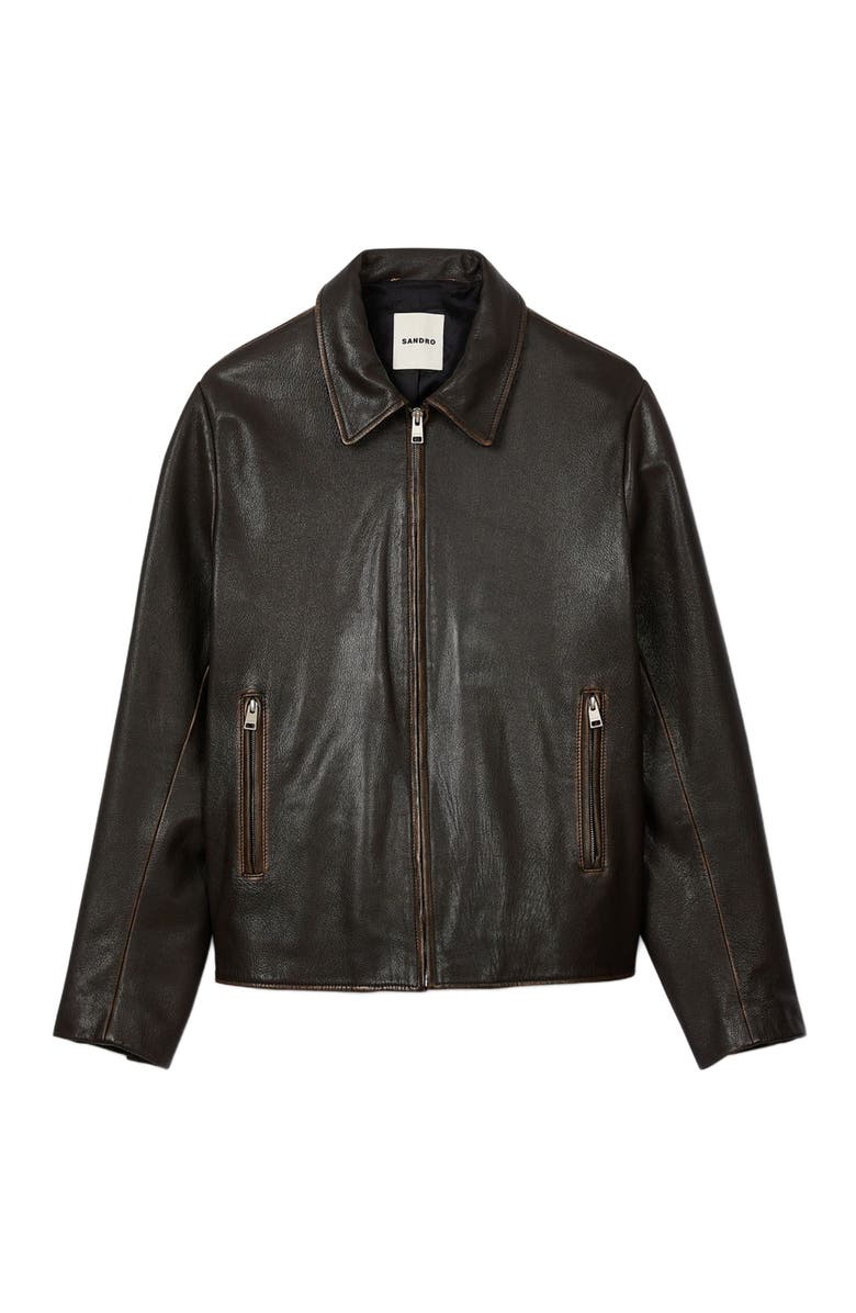 SANDRO Distressed-look leather jacket, Alternate, color, Moka.