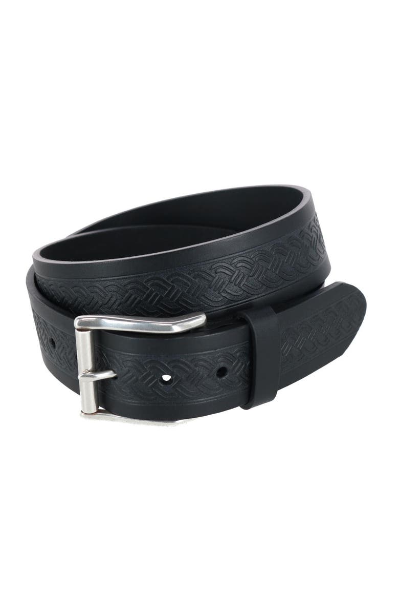 Trafalgar Grady 40mm Celtic Scroll Embossed Leather Jean Belt, Main, color, Black