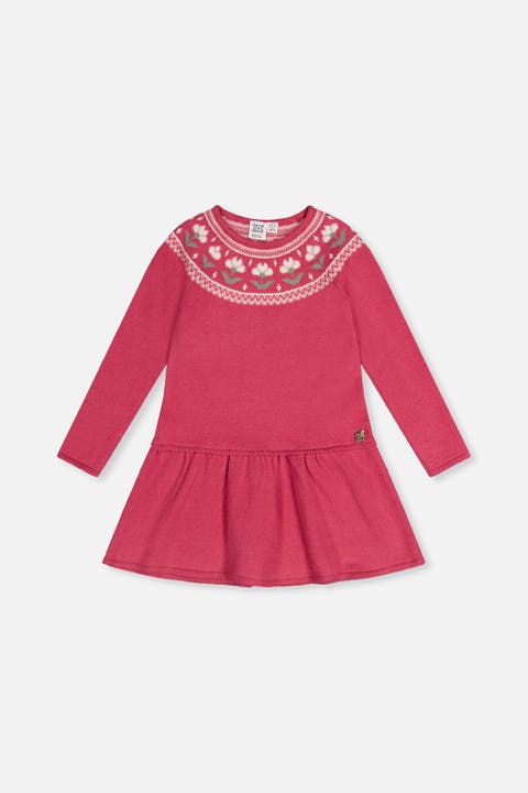 Flower Jacquard Yoke Flowy Knitted Dress