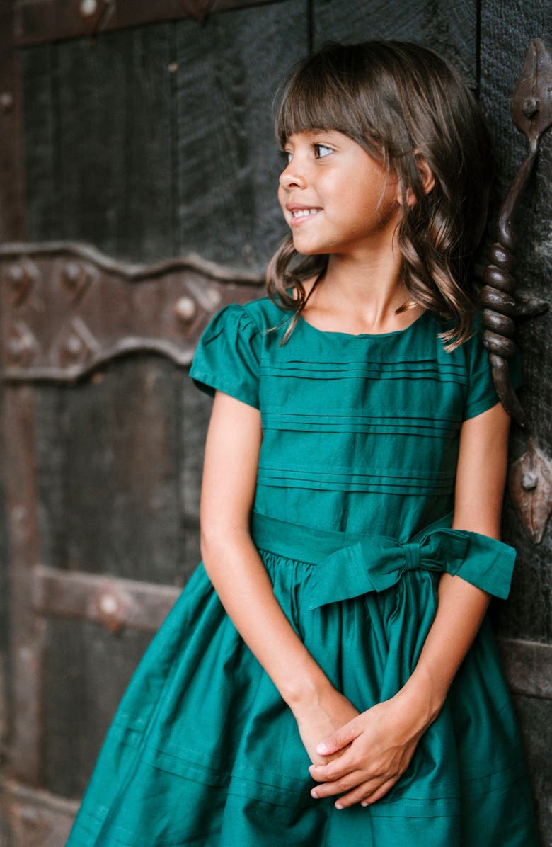 Hope & Henry Kids' Organic Special Occasion Pleated Sateen Party Dress, Alternate, color, Deep Green