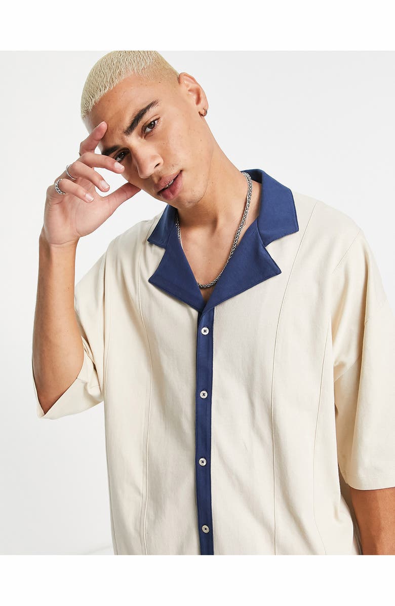 ASOS DESIGN Contrast Trim Relaxed Short Sleeve Button-Up Shirt, Alternate, color, 