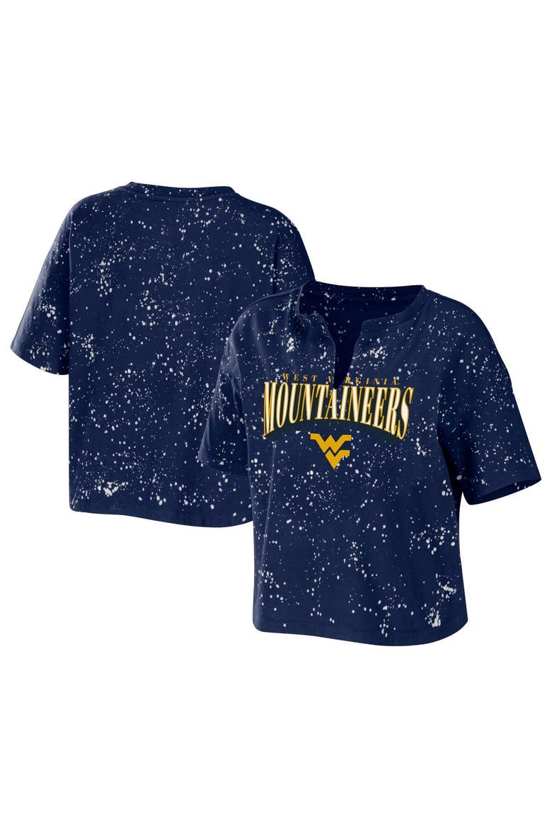 Women's WEAR by Erin Andrews Navy West Virginia Mountaineers Bleach Wash Splatter Cropped Notch Neck T-Shirt, Main, color, Navy