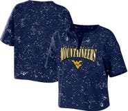 WEAR by Erin Andrews Women's WEAR by Erin Andrews Navy West Virginia Mountaineers Bleach Wash Splatter Cropped Notch Neck T-Shirt
