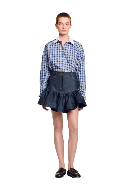 Sandro Short Denim Ruffled Skirt In Blue