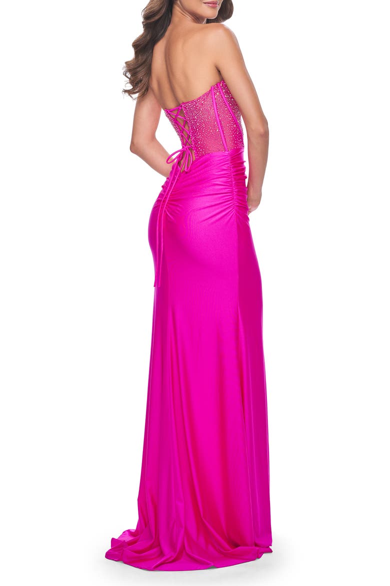 Neon Rhinestone Bustier Prom Dress with Ruching, Alternate, color, Hot Fuchsia