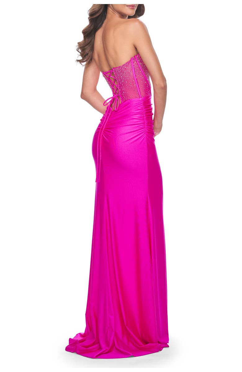 La Femme Neon Rhinestone Bustier Prom Dress with Ruching, Alternate, color, Hot Fuchsia