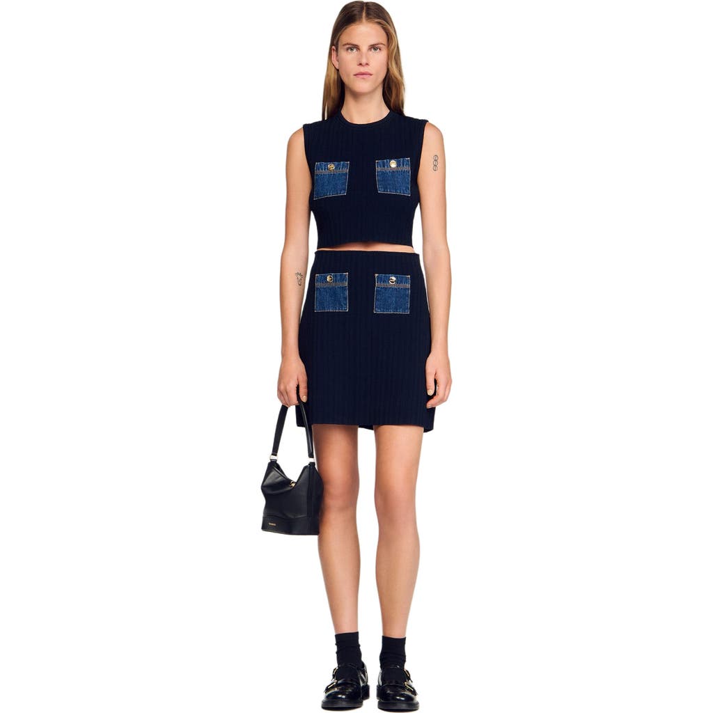 Sandro Knit And Denim Top In Blue