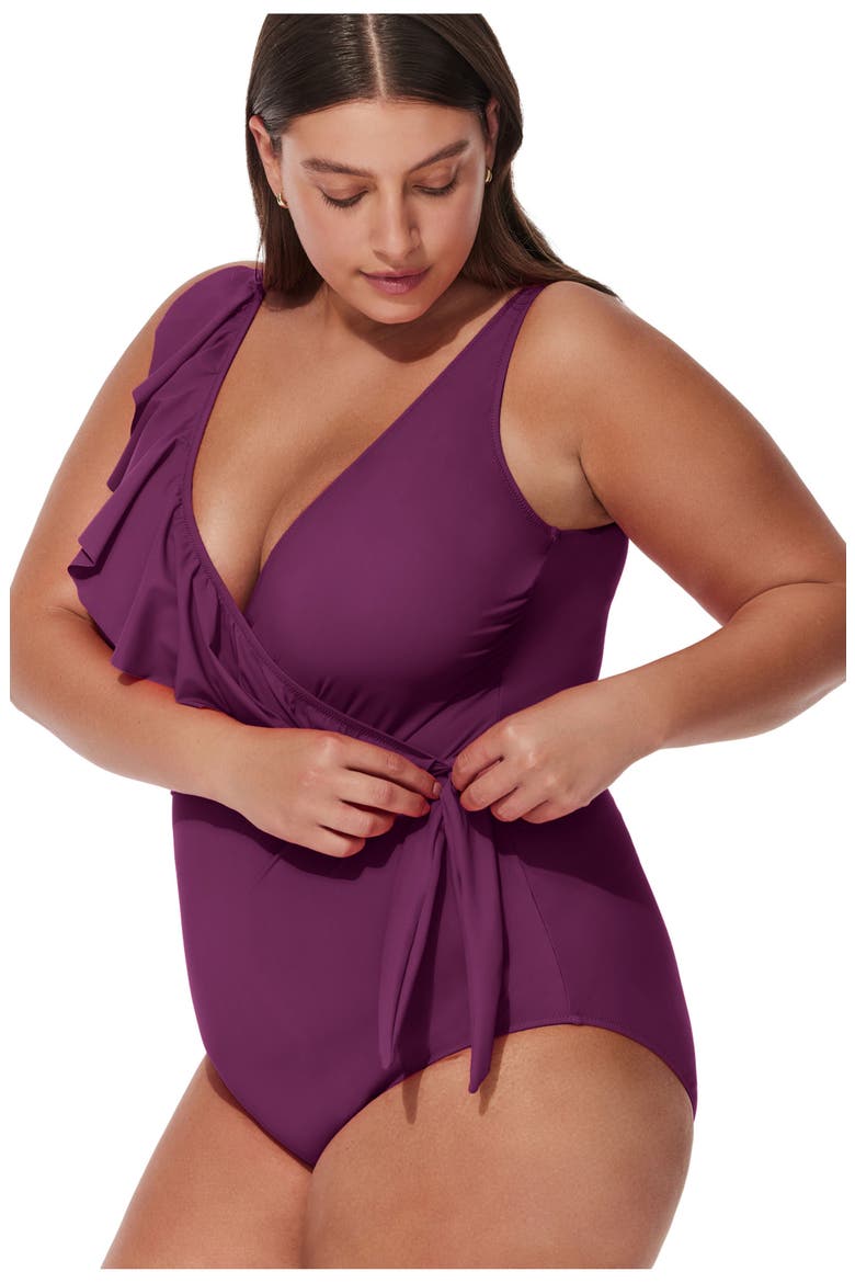 Tutti Frutti Plus Size Ruffle Surplice One Piece, Alternate, color, Wine