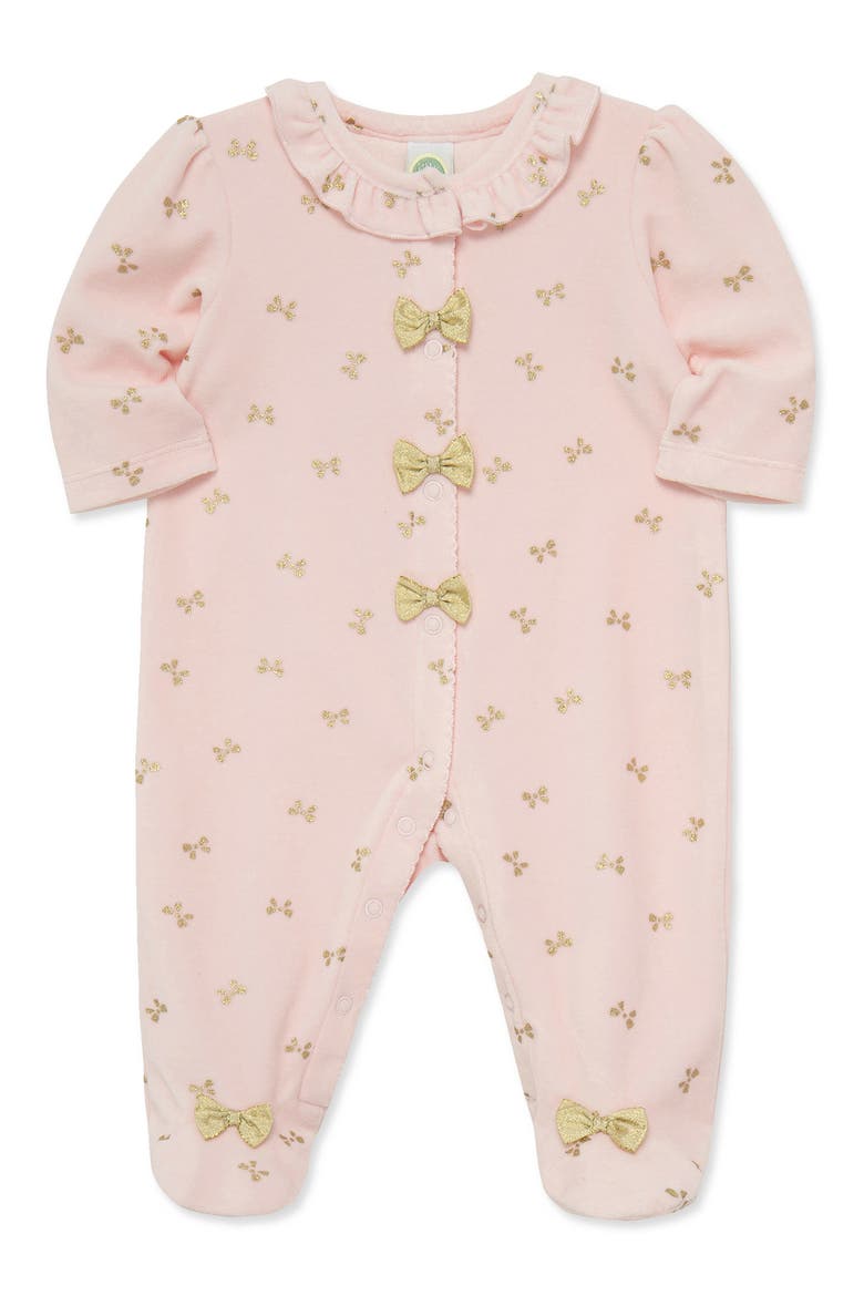 Velour Gold Bows Footie Pajamas, Alternate, color, PINK