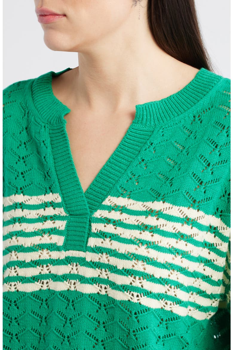 Pointelle Stripe Sweater, Alternate, color, GOLF GREEN/ IVORY