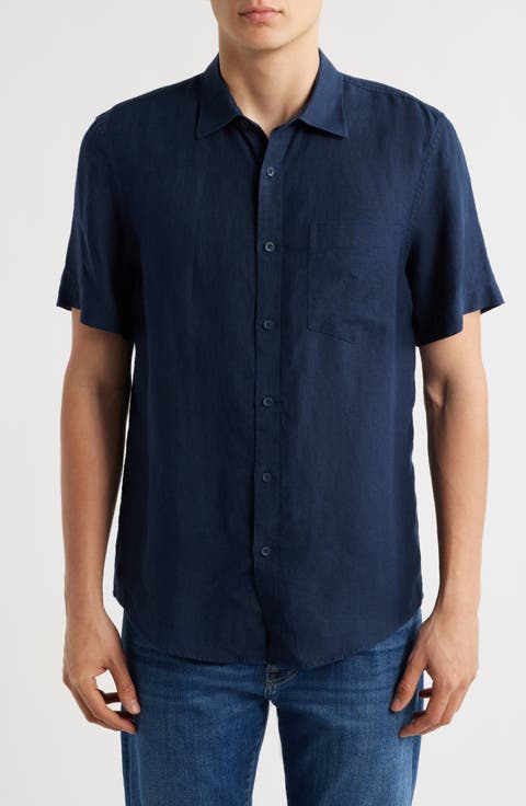 Solid Short Sleeve Linen Button-Up Shirt (Regular & Big)