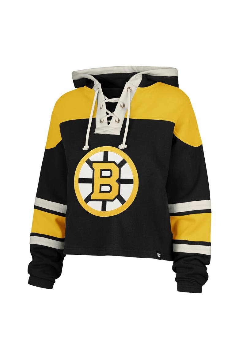 Women's '47 Jeremy Swayman Black Boston Bruins Superior Lacer Cropped Pullover Hoodie, Alternate, color, Black