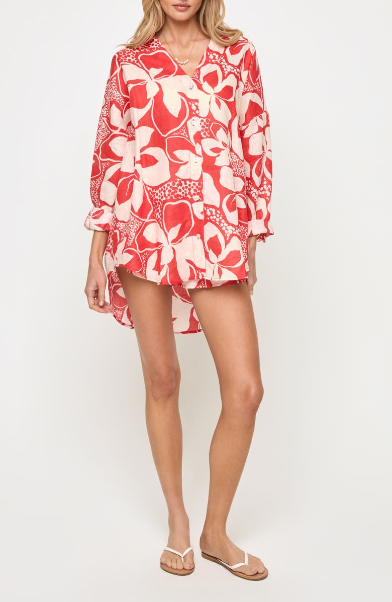 LSPACE Rio Linen Cover-Up Tunic, Main, color, Hibiscus Bloom