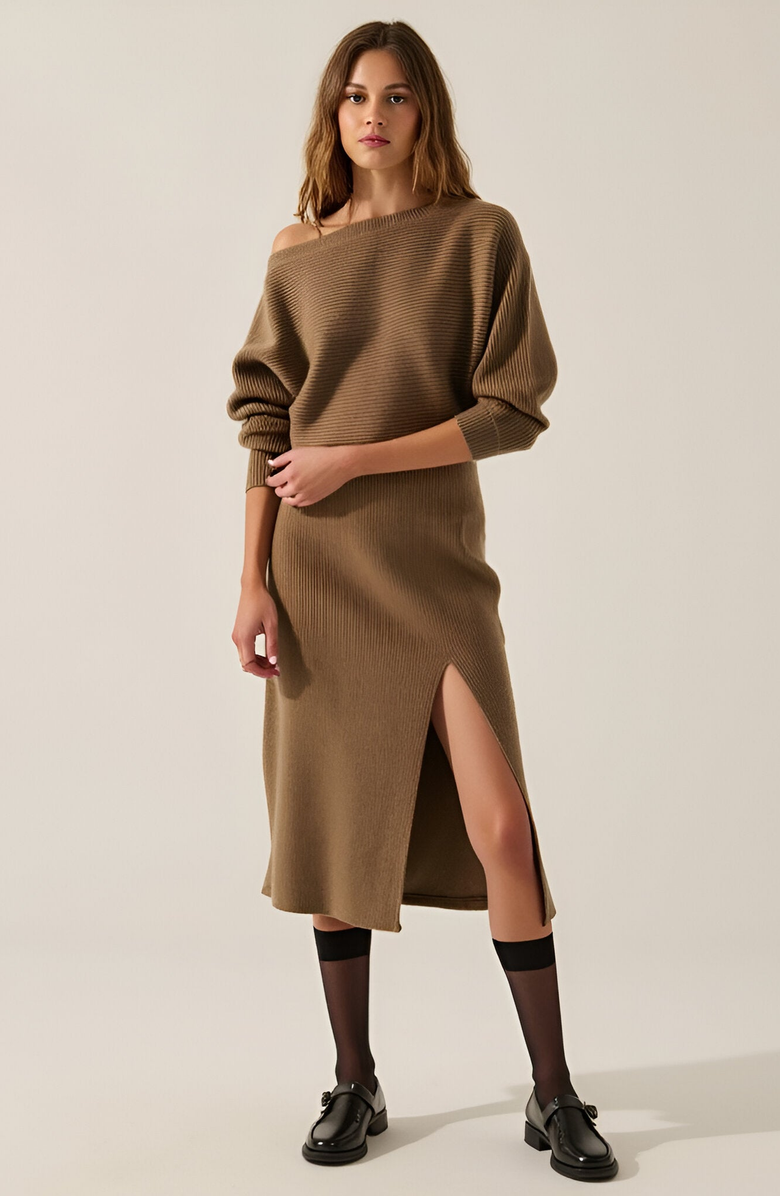 Modenaire Rib-Knit One-Shoulder Dolman Midi Sweater Dress, Alternate, color, 