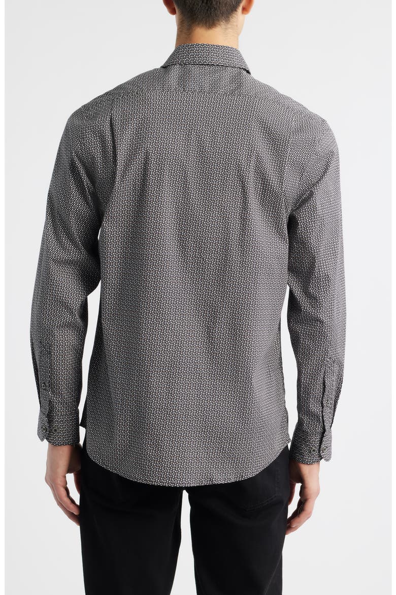 Oakley Modern Fit Microgeometric Print Stretch Cotton Button-Up Shirt, Alternate, color, BLACK