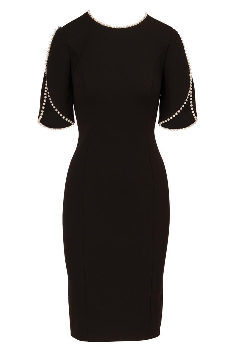 Imitation Pearl Detail Crepe Sheath Dress, Alternate, color, BLACK