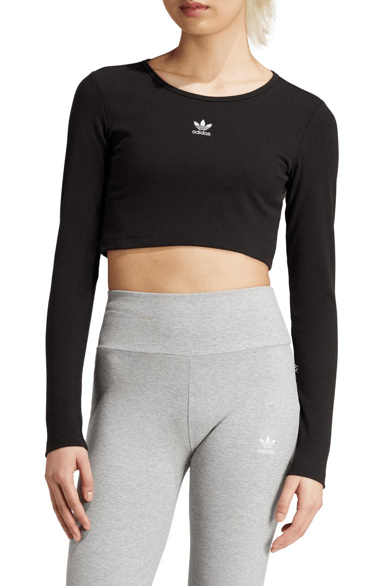 Trefoil Essentials Rib Long Sleeve Crop Top, Main, color, BLACK