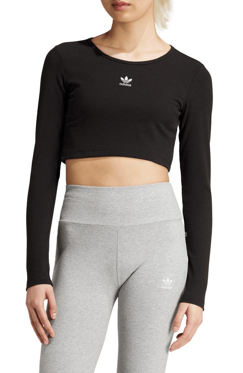 adidas Trefoil Essentials Rib Long Sleeve Crop Top, Main, color, Black