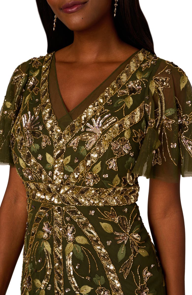 Adrianna Papell Embellished Flutter Sleeve Cocktail Dress, Alternate, color, Olive