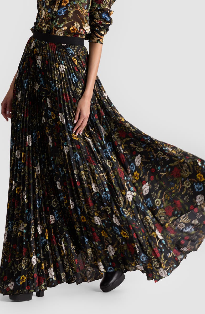 Alice + Olivia Katz Pleated Maxi Skirt, Alternate, color, Tapestry Trails/ Black