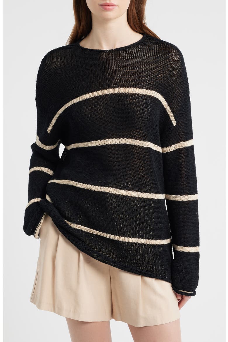 Evangeline Stripe Cotton & Linen Blend Sweater, Main, color, BLACK LINEN STRIPE