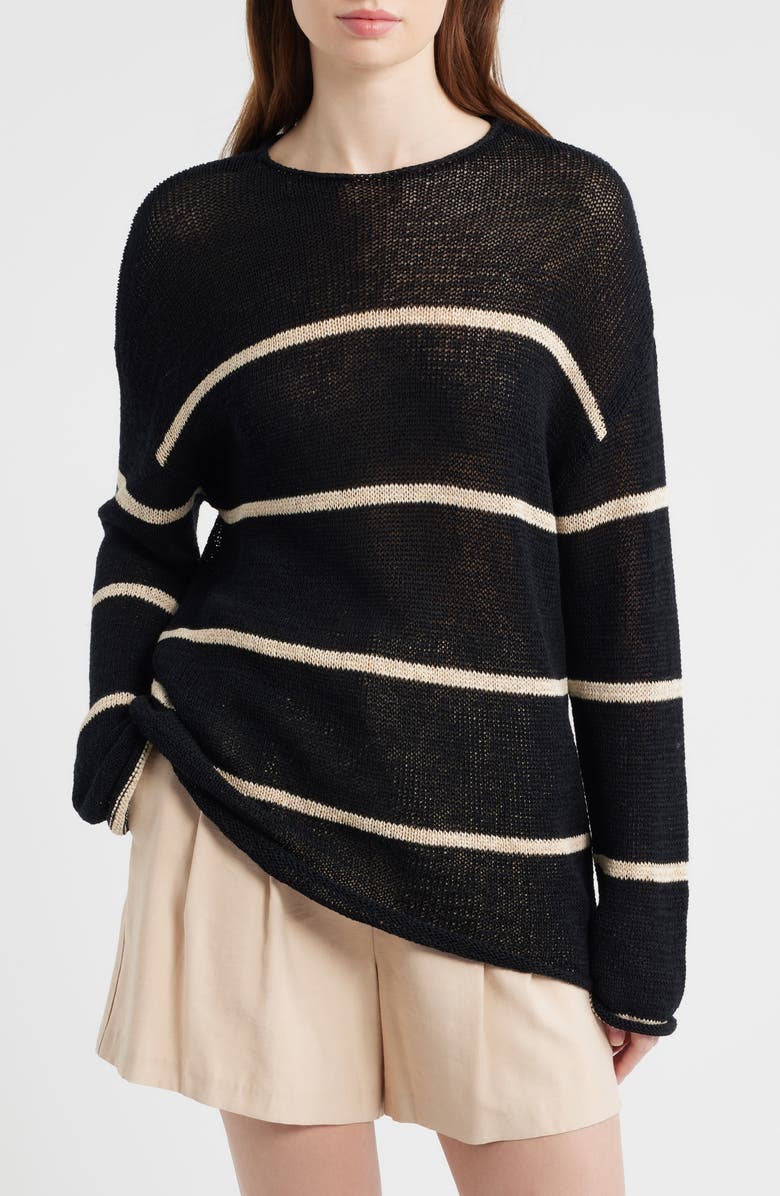 Rails Evangeline Stripe Cotton & Linen Blend Sweater, Main, color, Black Linen Stripe