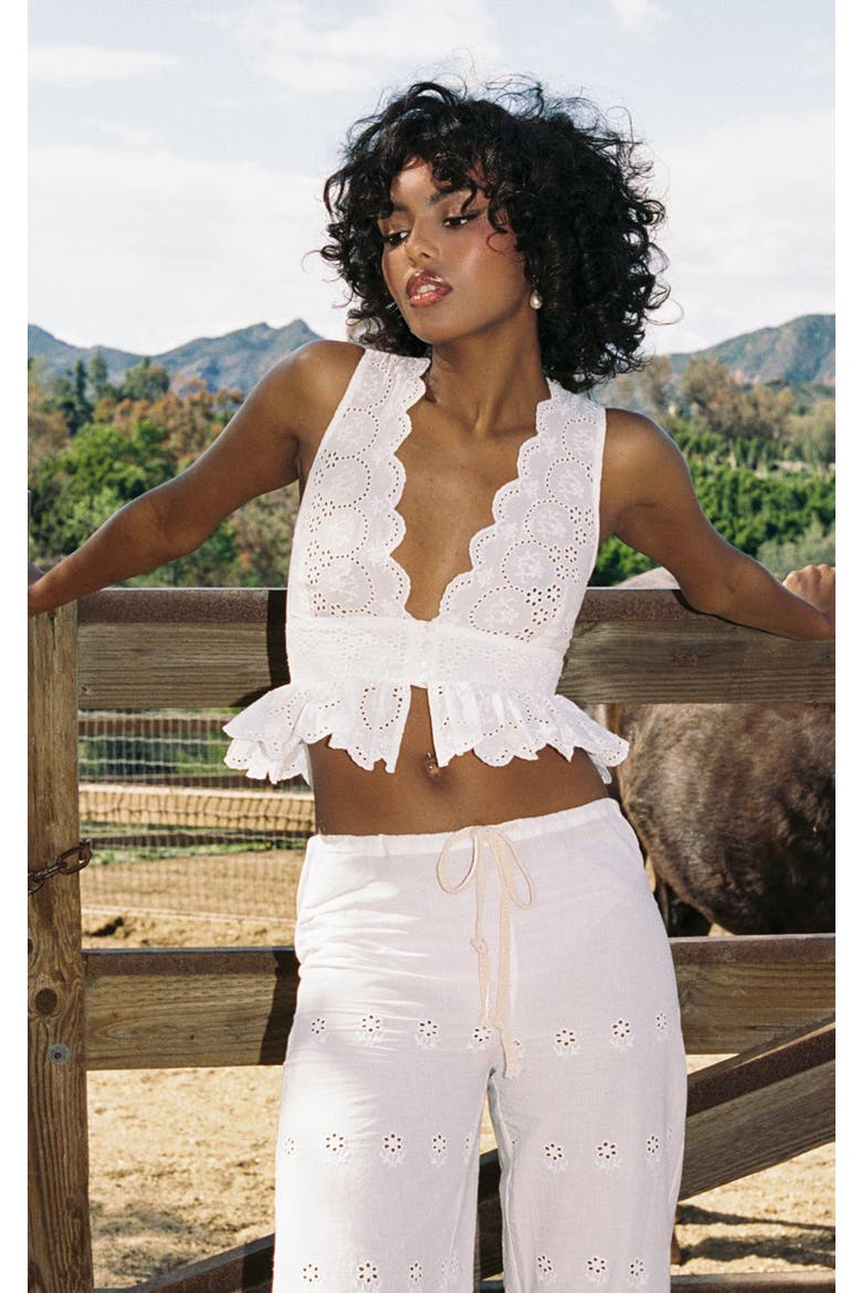 Raia Eyelet Wave Trim Crop Vest Top, Alternate, color, White