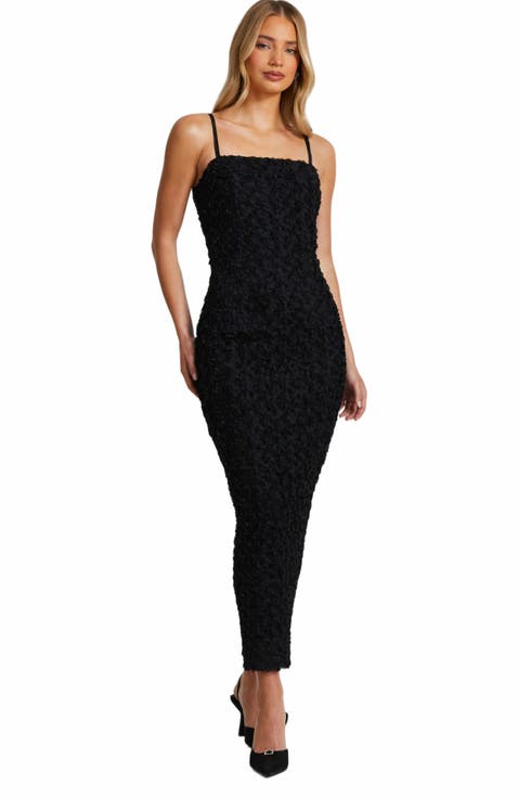 3D Flower Square Neck Maxi Dress