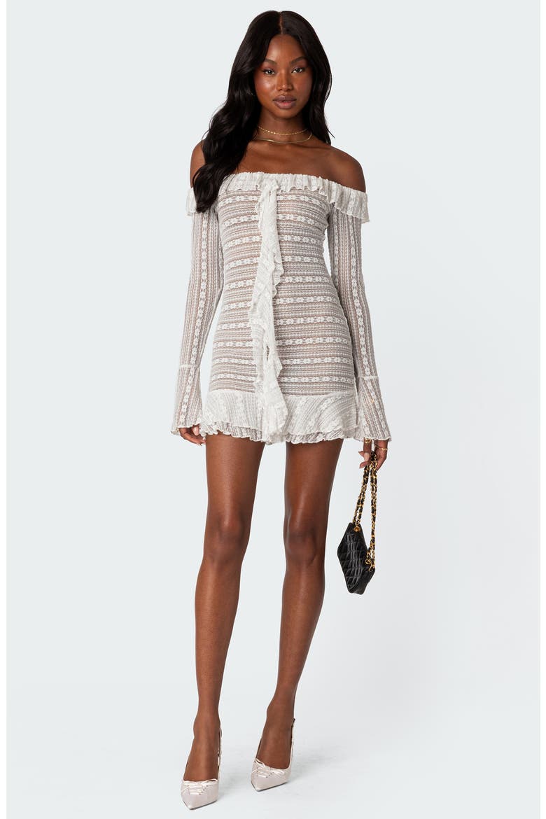 Lace Ruffle Off the Shoulder Long Sleeve Minidress, Alternate, color, CREAM