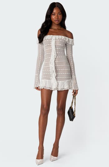 Lace Ruffle Off the Shoulder Long Sleeve Minidress