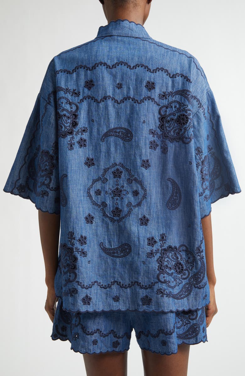 Zimmermann Aster Paisley Embroidered Denim Shirt, Alternate, color, Railway Blue