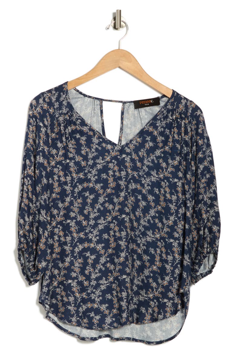 Floral Back Keyhole Balloon Sleeve Top, Alternate, color, NAVY