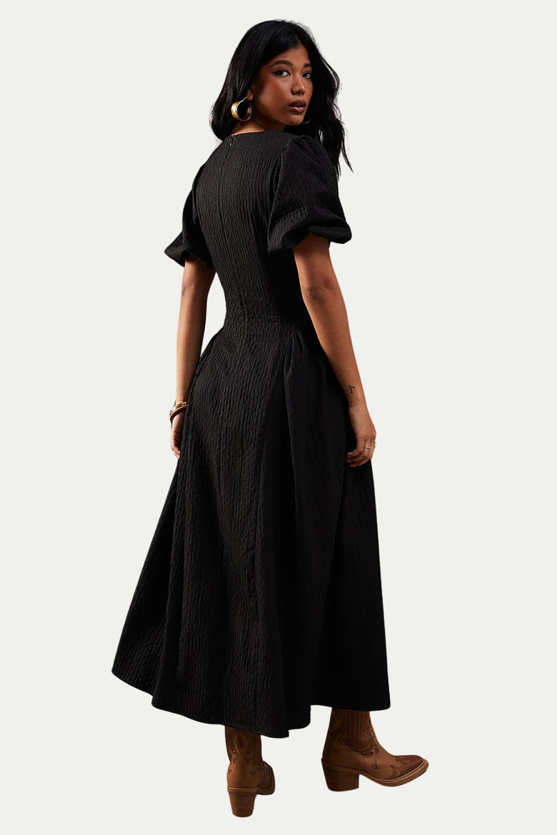 Seersucker Puff Sleeve Midi Dress, Alternate, color, Black