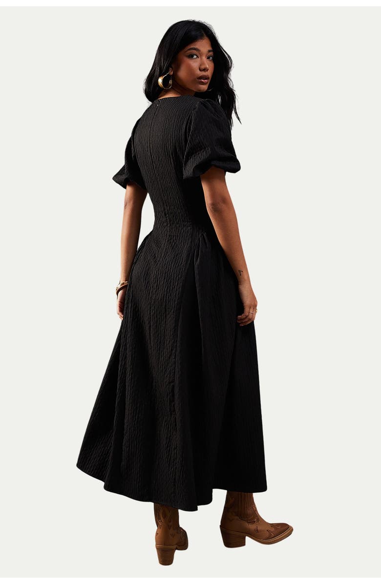 Warehouse Seersucker Puff Sleeve Midi Dress, Alternate, color, Black