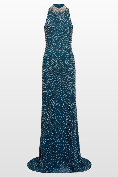 Jenny Packham Sisley High-neck Embellished Maxi Dress In Blue