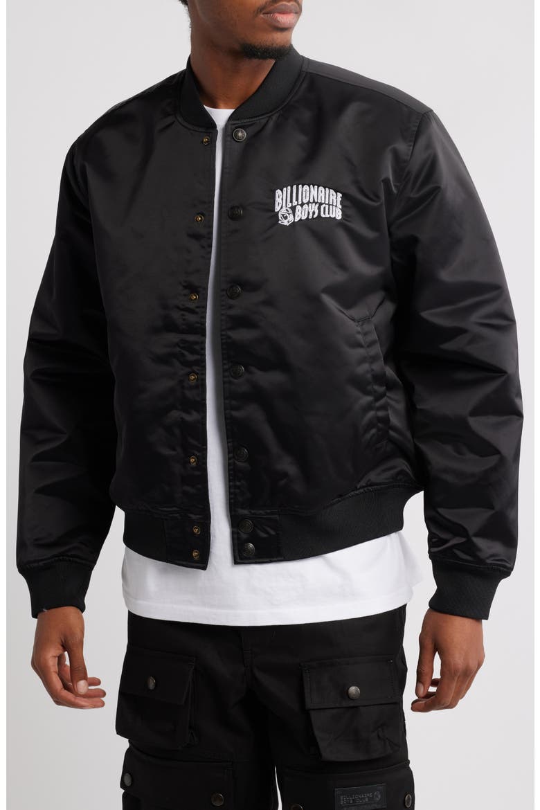 Globetrotter Nylon Satin Bomber Jacket, Main, color, BLACK