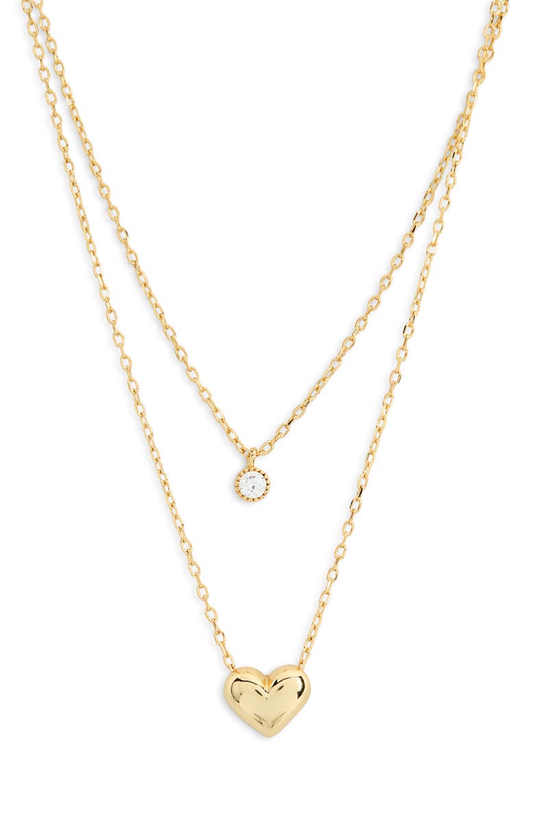 Argento Vivo Sterling Silver Cubic Zirconia Charm & Puffy Heart Pendant Layered Necklace, Alternate, color, Gold
