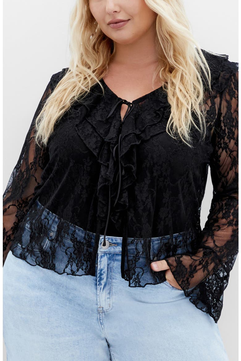 Lacie Ruffle Long Sleeve Lace Top, Main, color, BLACK LACE