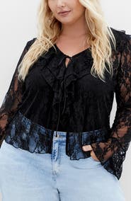 City Chic Lacie Ruffle Long Sleeve Lace Top