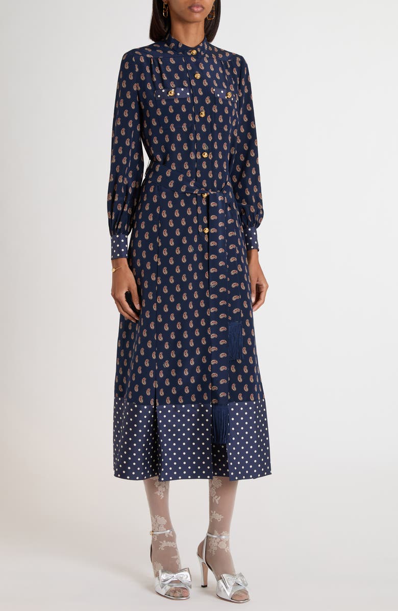 Valentino Garavani Paisley Print Long Sleeve Crêpe de Chine Shirtdress, Alternate, color, Indigo