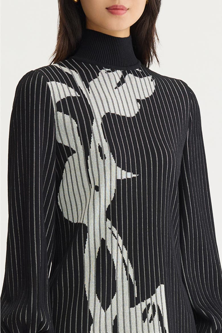 Mock Neck Floral Soft Ribbed Knit Top, Alternate, color, Black/Ivory